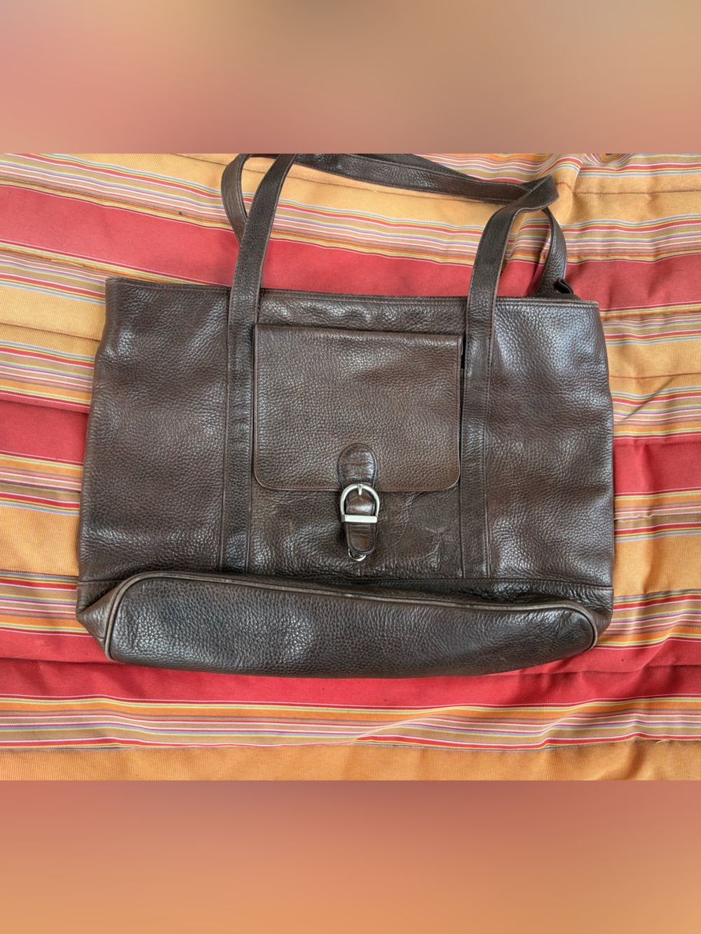 Eddie Bauer Dark Brown Pebbled Leather Messenger Tote
